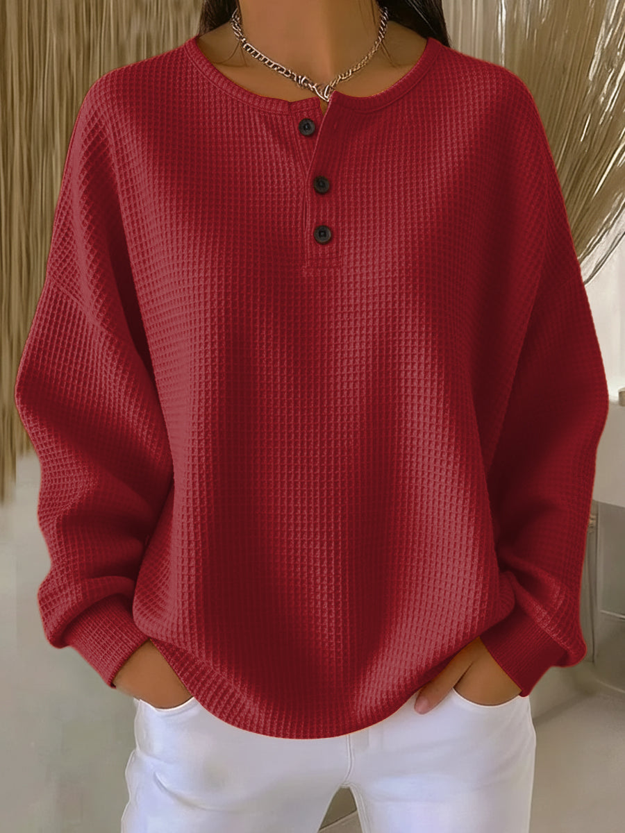 Women's Waffle Knit Sweater – Three-Button Henley Neck, Oversized side view