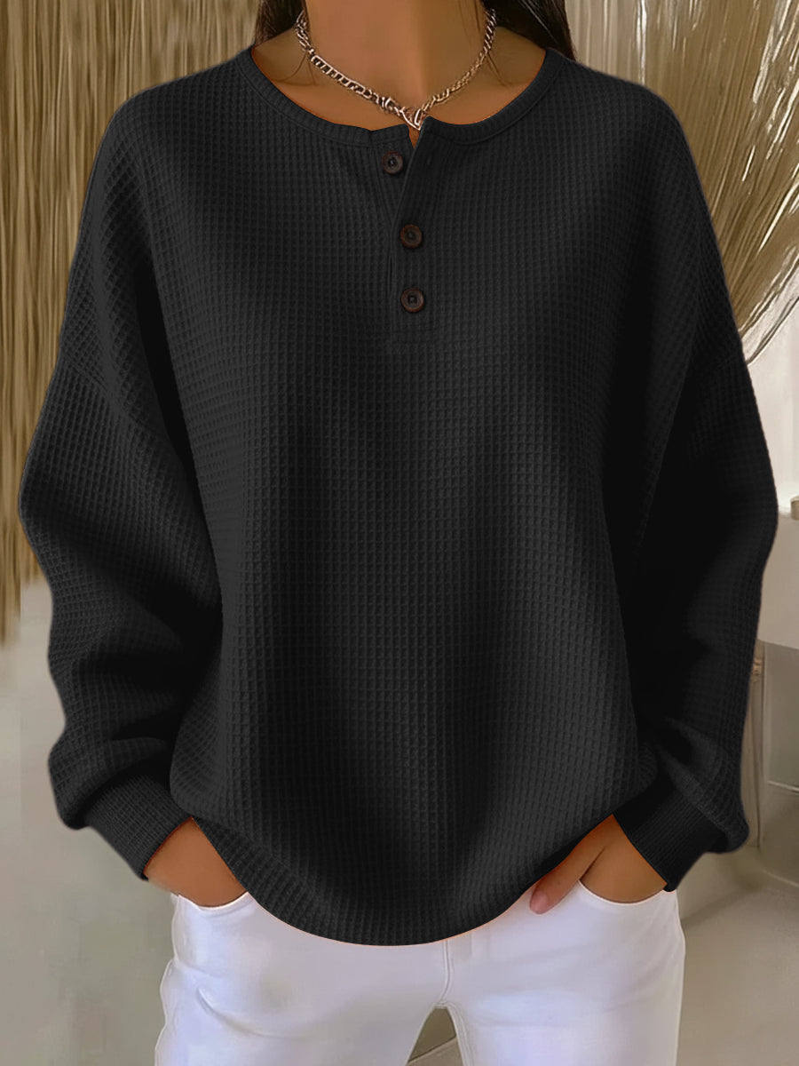 Women's Waffle Knit Sweater – Three-Button Henley Neck, Oversized back view