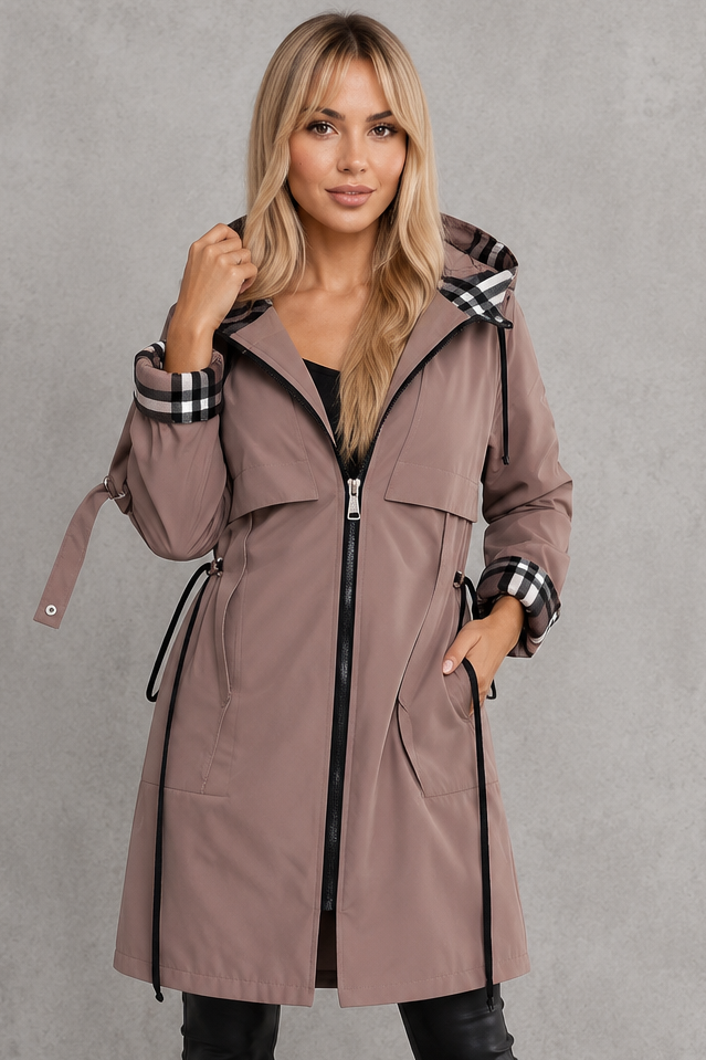 Women's Waterproof Hooded Rain Jacket – Check Trim, Midi Length front view