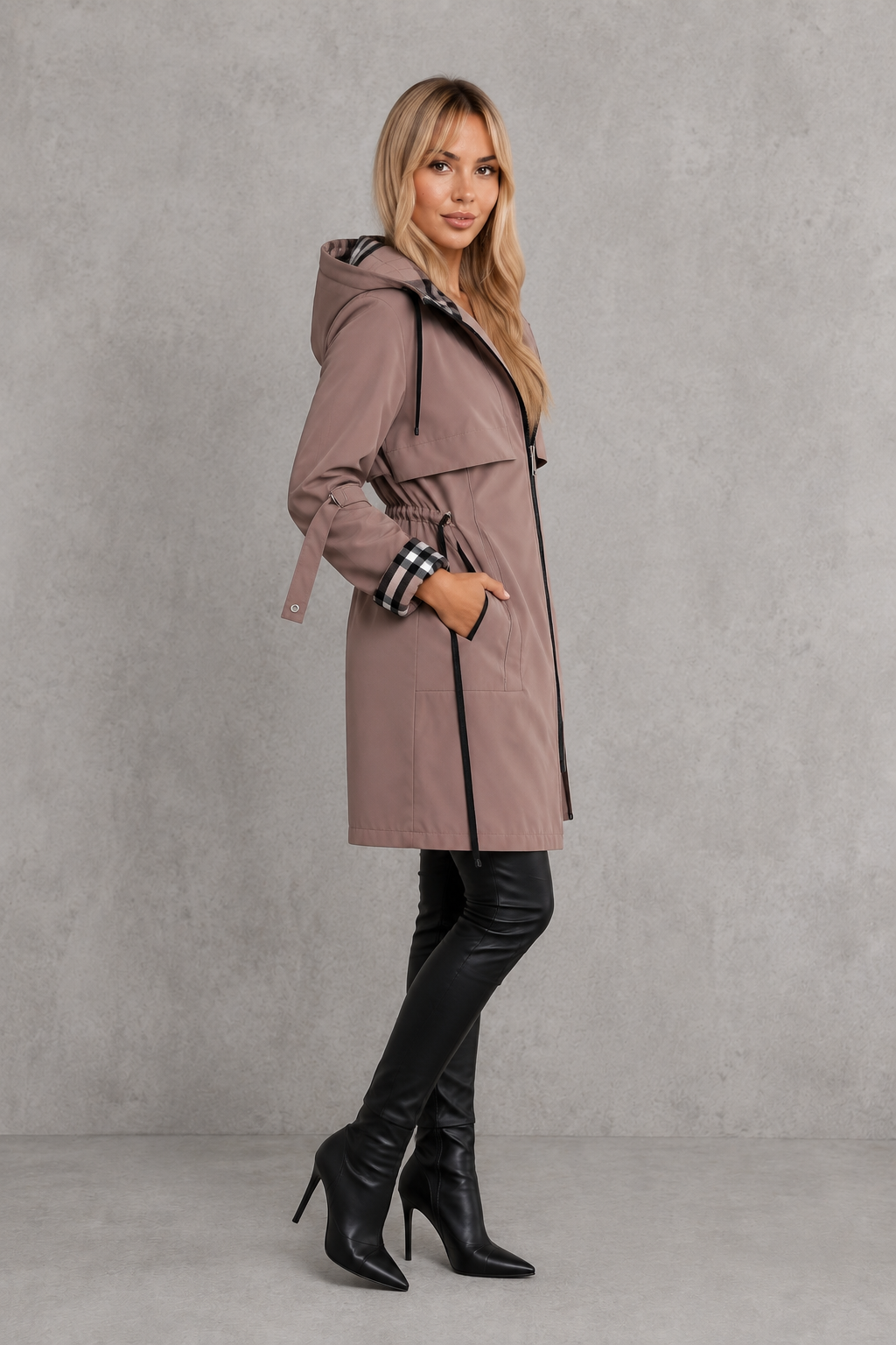 Women's Waterproof Hooded Rain Jacket – Check Trim, Midi Length hood detail