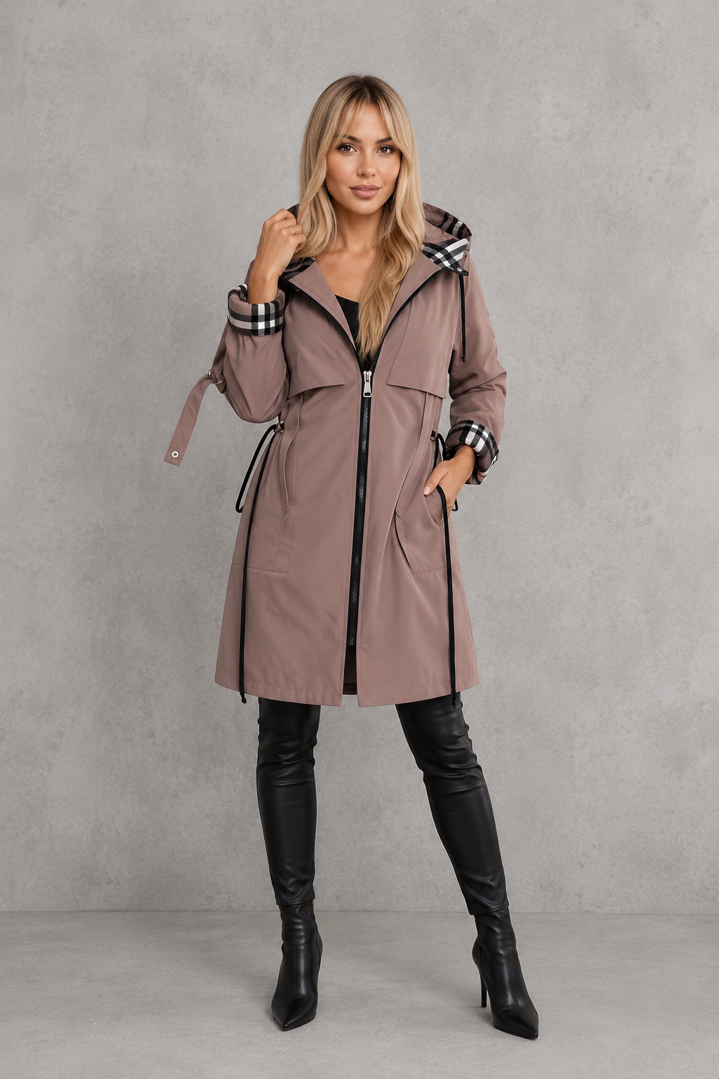 Women's Waterproof Hooded Rain Jacket – Check Trim, Midi Length cuff detail