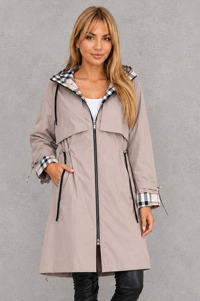 Women's Waterproof Hooded Rain Jacket – Check Trim, Midi Length full length