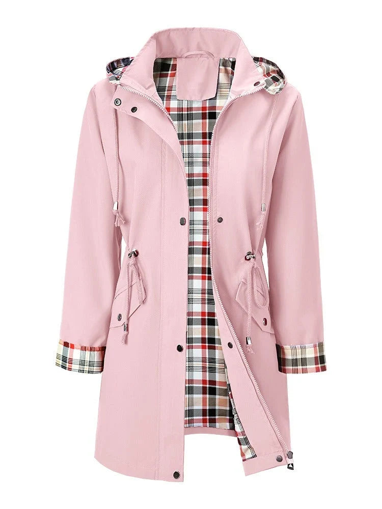 Women's Waterproof Hooded Rain Jacket – Removable Hood, Drawstring Waist back view