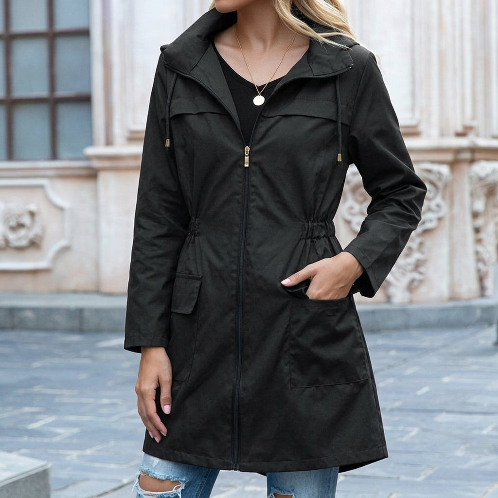 Women's Waterproof Hooded Rain Jacket – Zip Front, Drawstring Waist