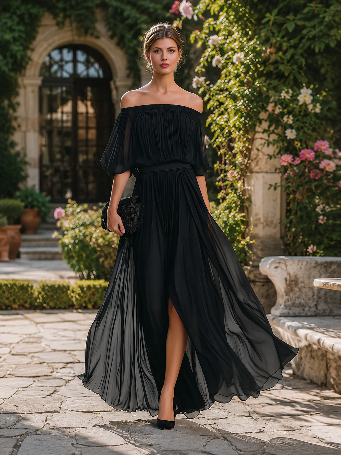 Women's Wedding Guest Dress Off Shoulder Pleated Maxi – Elbow Sleeves, Front Slit