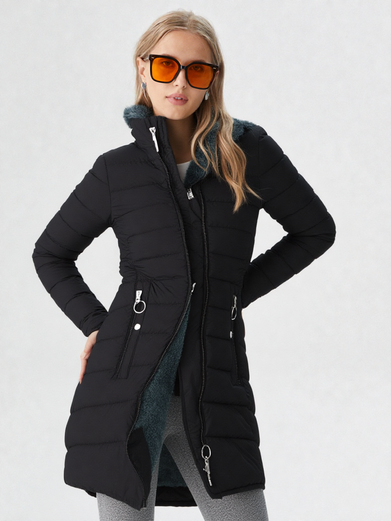 Women's Winter Faux Fur Coat – Hooded, Quilted Midi Length