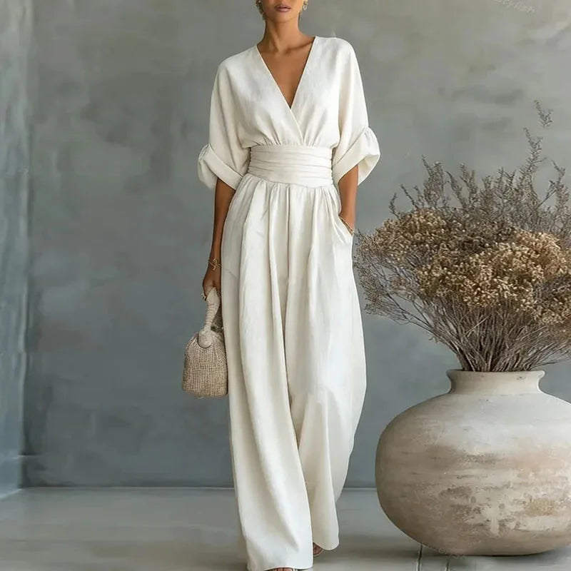 Women's Wrap-Front Wide-Leg Jumpsuit – Surplice V-Neck, Batwing Sleeves front view