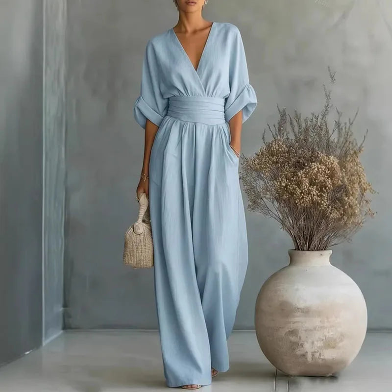 Women's Wrap-Front Wide-Leg Jumpsuit – Surplice V-Neck, Batwing Sleeves side view