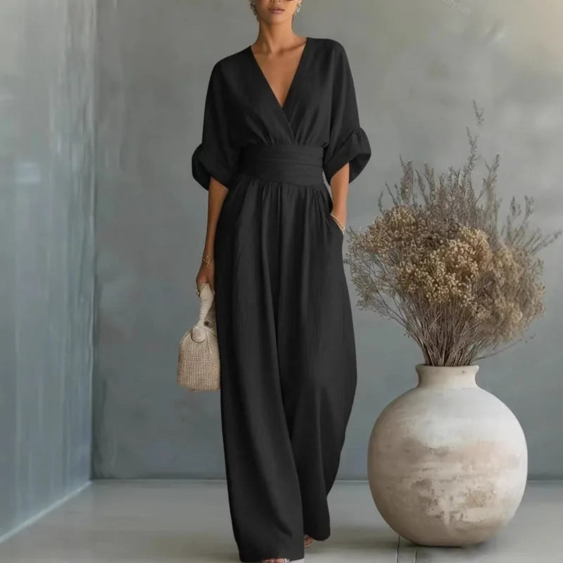 Women's Wrap-Front Wide-Leg Jumpsuit – Surplice V-Neck, Batwing Sleeves full-length view
