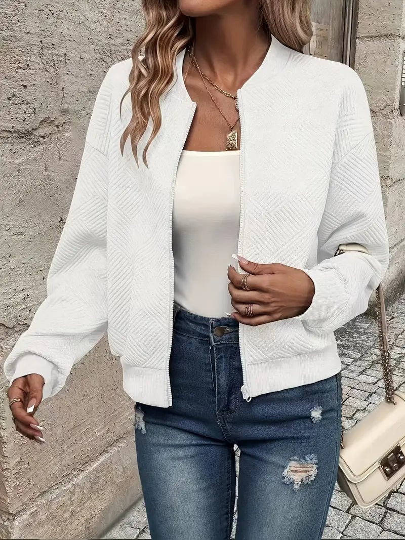 Women's Zip-Up Cardigan with Geometric Textured Knit and Ribbed Edges