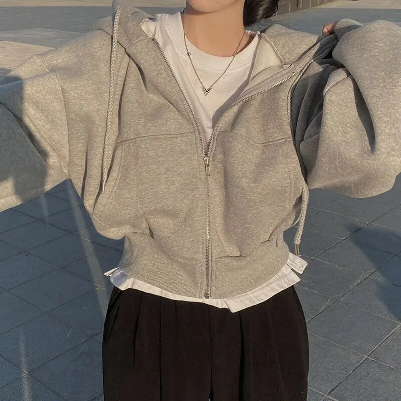Women’s Zip-Up Hoodie with Cropped Length and Drop-Shoulder Sleeves