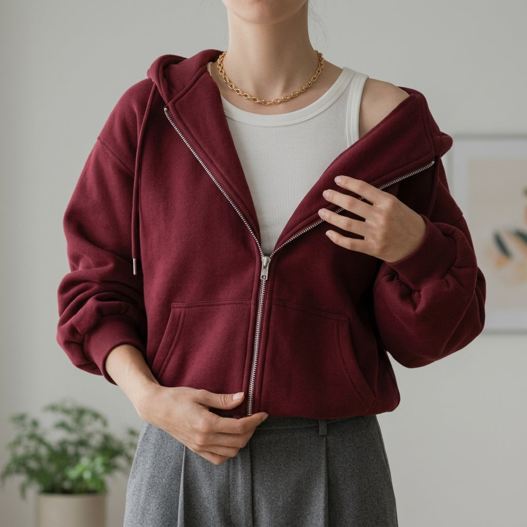 Women's Zip-Up Oversized Hoodie – Drawcord Hood, Drop Shoulder back view