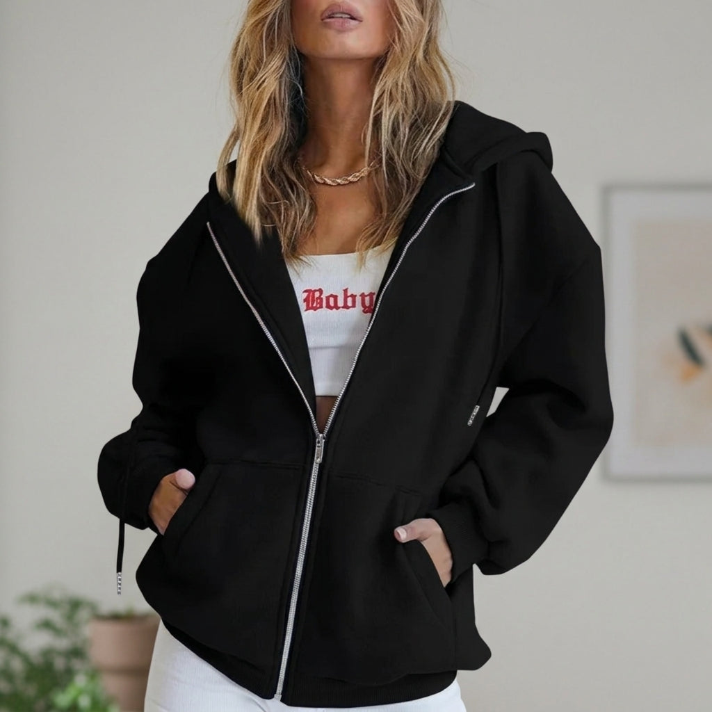 Women's Zip-Up Oversized Hoodie – Drawcord Hood, Drop Shoulder side view