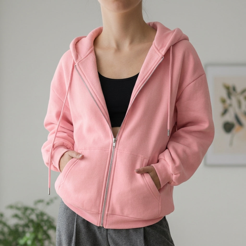 Women's Zip-Up Oversized Hoodie – Drawcord Hood, Drop Shoulder hood detail