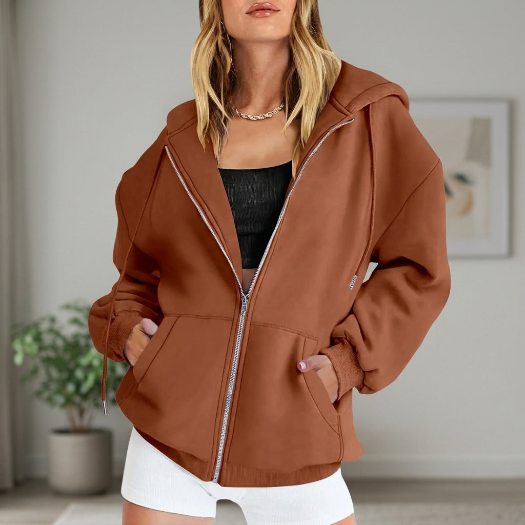 Women's Zip-Up Oversized Hoodie – Drawcord Hood, Drop Shoulder hem detail