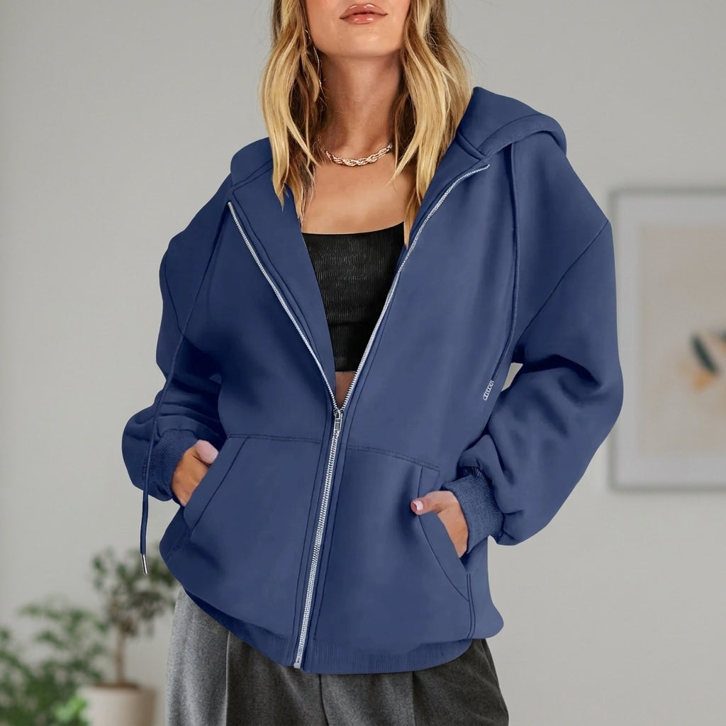 Women's Zip-Up Oversized Hoodie – Drawcord Hood, Drop Shoulder worn open