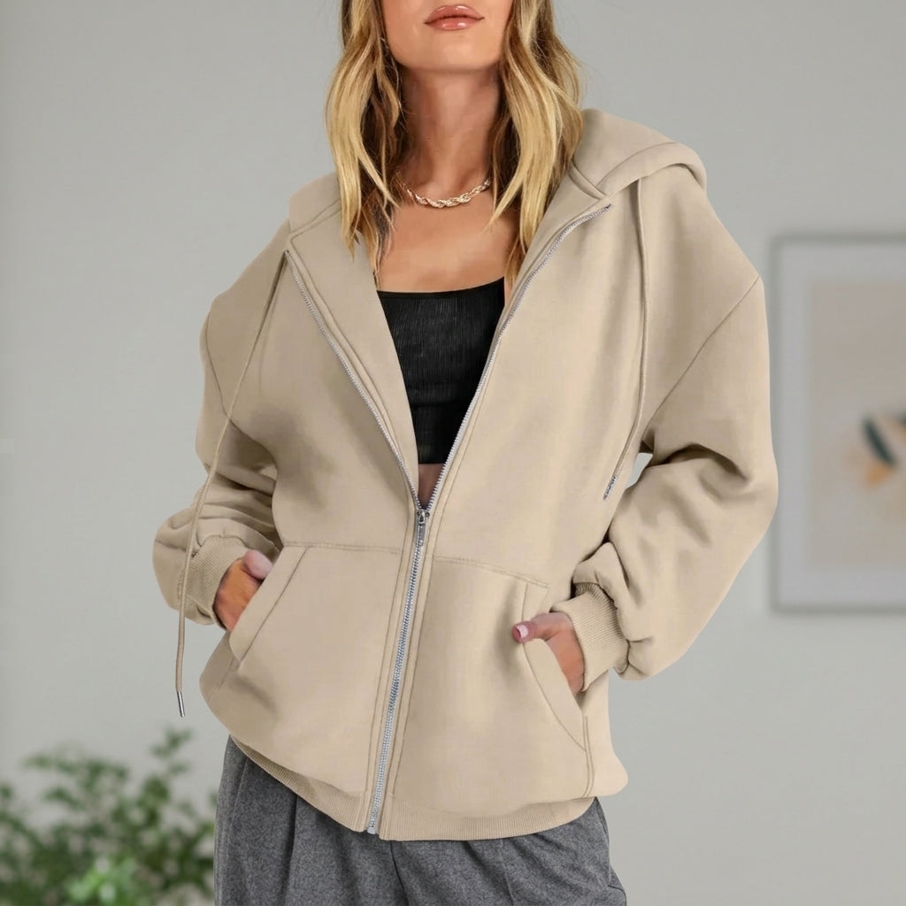 Women's Zip-Up Oversized Hoodie – Drawcord Hood, Drop Shoulder shoulder detail